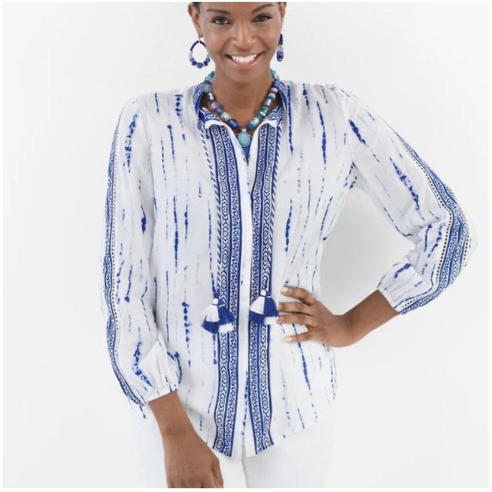 Chico's Womens Long Puff Sleeve Blouse Size 3 L/XL White Blue Tie Die Tassels